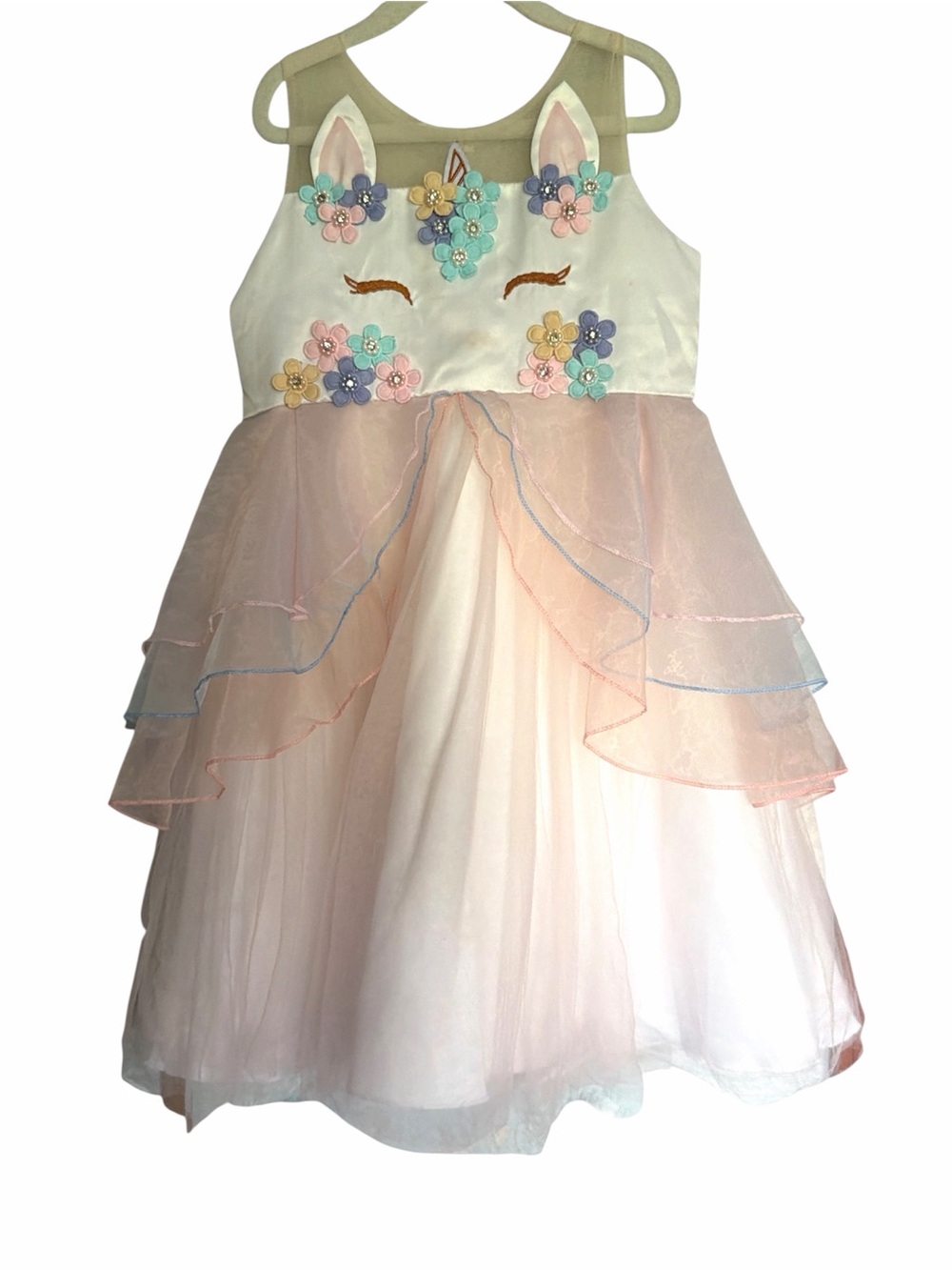 Girls' Pastel Pink & Cream Unicorn Floral Tulle Party Dress